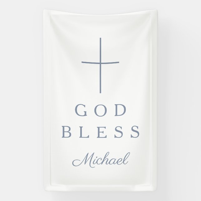 Elegant Dusty Blue Religious Cross Boy God Bless Banner (Vertical)