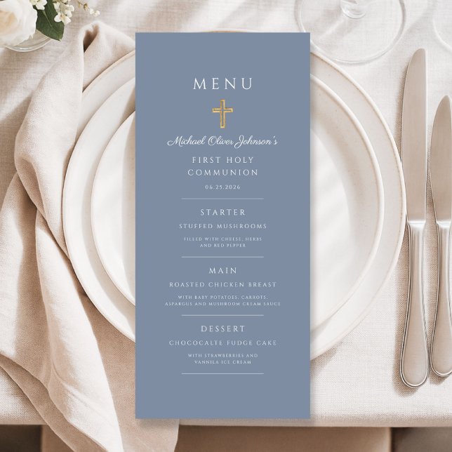 Elegant Dusty Blue Religious Cross First Communion Menu (Elegant Dusty Blue Religious Cross First Communion Menu)