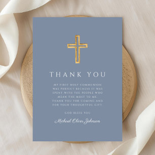 Elegant Dusty Blue Religious Cross First Communion Thank You Card