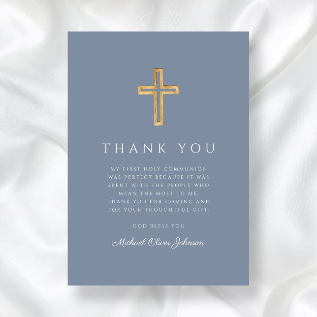 Elegant Dusty Blue Religious Cross First Communion Thank You Card (Elegant Dusty Blue Religious Cross First Communion Thank You Card)