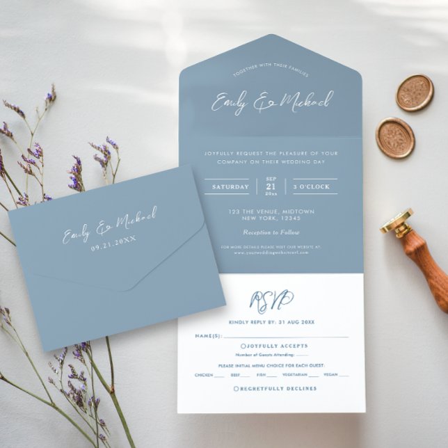 Elegant Dusty Blue Romantic Calligraphy Simple All In One Invitation (Creator Uploaded)