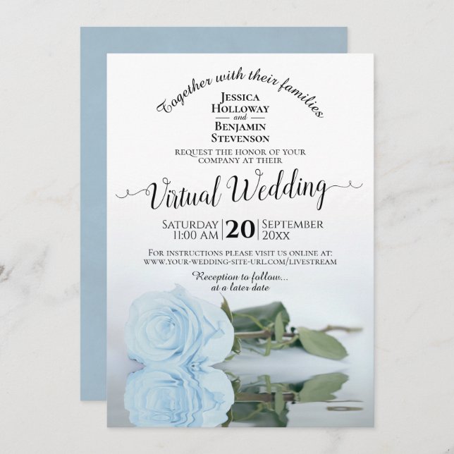 Elegant Dusty Blue Romantic Rose Virtual Wedding Invitation (Front/Back)