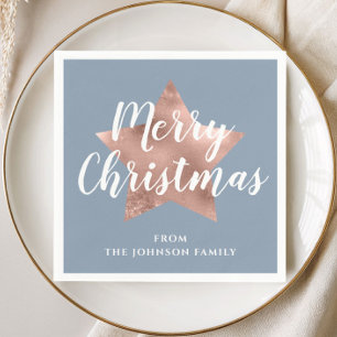 Elegant Dusty Blue Rose Gold Star Christmas Napkin