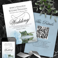 Elegant Dusty Blue Rose Script QR Code Wedding