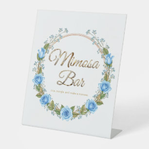 Elegant Dusty Blue Roses Baby’s Breathe Mimosa Bar Pedestal Sign