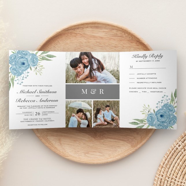 Elegant Dusty Blue Roses Photo Collage Wedding Tri-Fold Invitation (Creator Uploaded)
