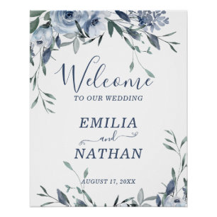 Elegant Dusty Blue Roses with Greenery Welcome  Poster