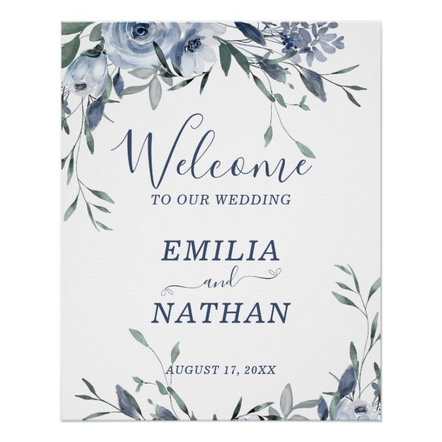 Elegant Dusty Blue Roses with Greenery Welcome  Poster (Front)