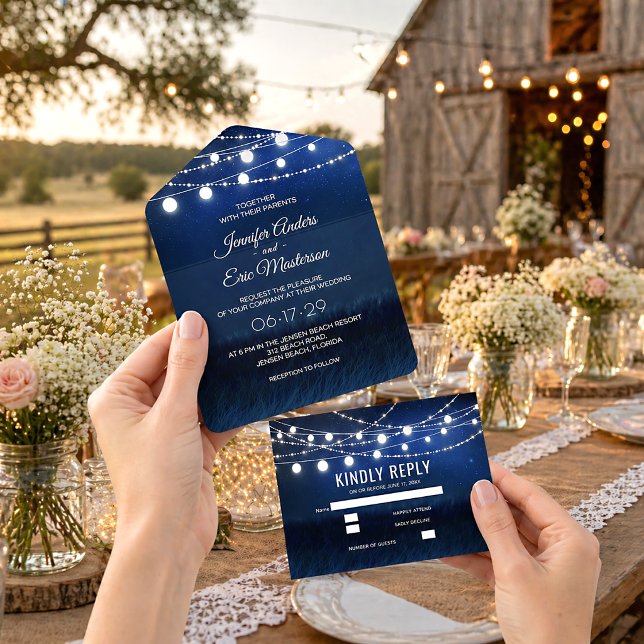 Elegant Dusty Blue Rustic String Lights Wedding Al All In One Invitation (Creator Uploaded)