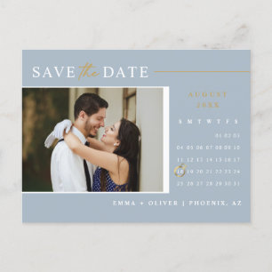 Elegant Dusty Blue Save the Date Calendar QR Code Postcard