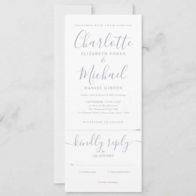 Elegant Dusty Blue Script All In One Wedding Invit Invitation (Front)