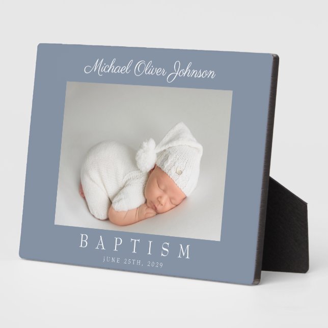 Elegant Dusty Blue Script Baptism Photo Plaque (Side)