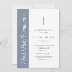 Elegant Dusty Blue Script Boy First Communion Invi Invitation