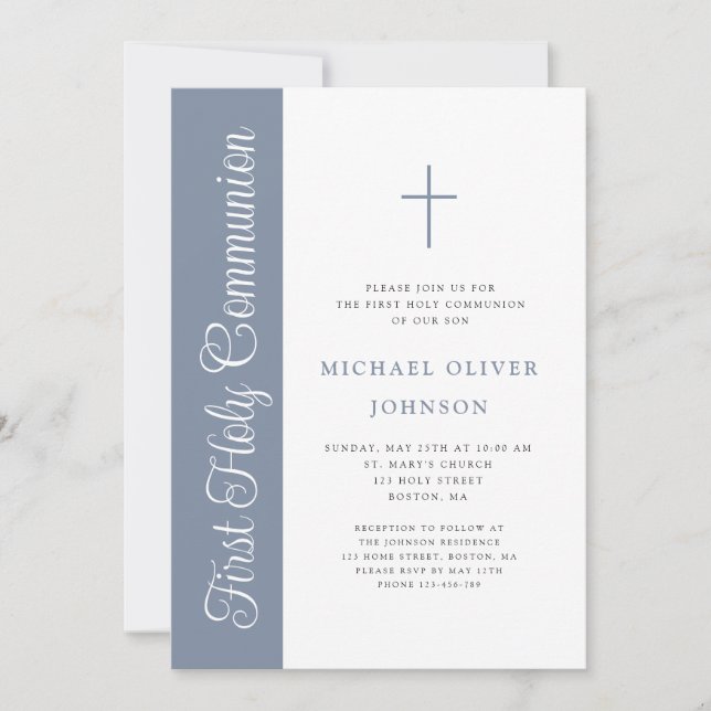 Elegant Dusty Blue Script Boy First Communion Invi Invitation (Front)