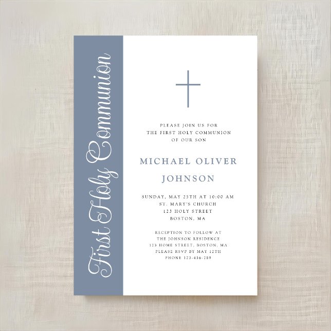 Elegant Dusty Blue Script Boy First Communion Invi Invitation (Elegant Dusty Blue Script Boy First Communion Invi Invitation)