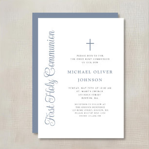 Elegant Dusty Blue Script Boy First Communion Invitation