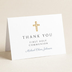 Elegant Dusty Blue Script Boy First Communion  Thank You Card