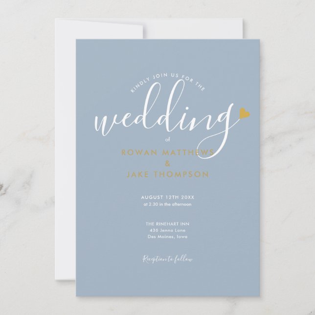 Elegant Dusty Blue Script Gold Heart Wedding Invitation (Front)
