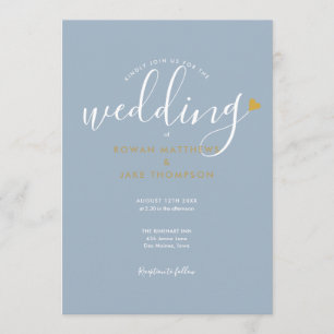Elegant Dusty Blue Script Gold Heart Wedding Invitation