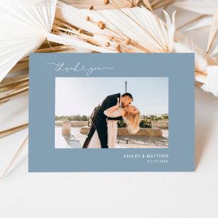 Elegant Dusty Blue Script Heart Photo Wedding Thank You Card