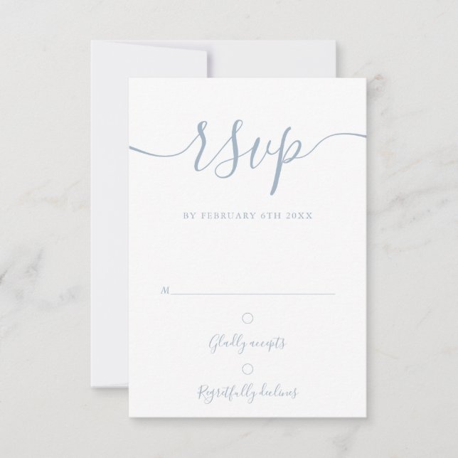 Elegant Dusty Blue Script Modern Wedding RSVP Card (Front)