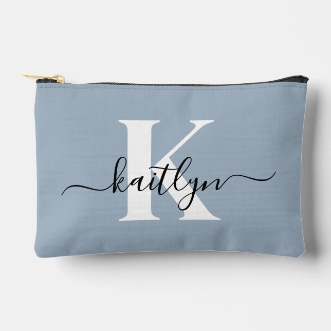 Elegant Dusty Blue Script Monogram Accessory Pouch (Front)