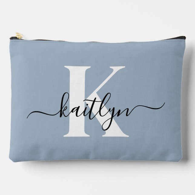 Elegant Dusty Blue Script Monogram Accessory Pouch (Front)