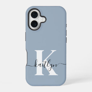 Elegant Dusty Blue Script Monogram iPhone 16 Case