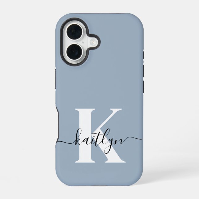 Elegant Dusty Blue Script Monogram iPhone 16 Case (Back)