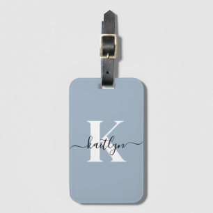 Elegant Dusty Blue Script Monogram Luggage Tag
