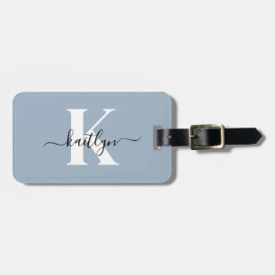 Elegant Dusty Blue Script Monogram Luggage Tag