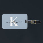 Elegant Dusty Blue Script Monogram Luggage Tag<br><div class="desc">This simple, elegant dusty blue luggage tag with your first name in a trendy script font in black and your first initial in a modern cap font in white on one side and a slide in card for your name, address and phone number on the other would look fabulous on...</div>