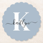 Elegant Dusty Blue Script Monogram Paper Coaster<br><div class="desc">These simple, elegant dusty blue round fluted edge paper coasters with your first name in a trendy script font in black and your first initial in a modern cap font in white are perfect for keeping your tables and counters free from water rings. They absorb droplets so you don't have...</div>