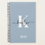 Elegant Dusty Blue Script Monogram Planner<br><div class="desc">This simple, elegant dusty blue 5.5 x 8.5 soft planner with your first name in a trendy script font in black and your first initial in a modern cap font in white is perfect for you. It's stylish and trendy and yet very classic. It will make keeping appointments, meetings, deadlines,...</div>