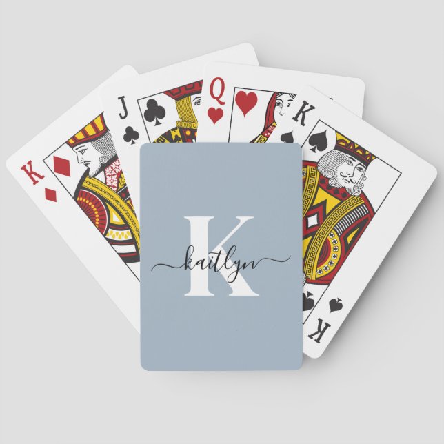 Elegant Dusty Blue Script Monogram Playing Cards (Back)