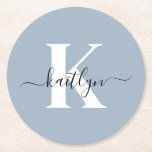 Elegant Dusty Blue Script Monogram Round Paper Coaster<br><div class="desc">These simple, elegant dusty blue round paper coasters with your first name in a trendy script font in black and your first initial in a modern cap font in white are perfect for keeping your tables and counters free from water rings. They absorb droplets so you don't have to worry...</div>