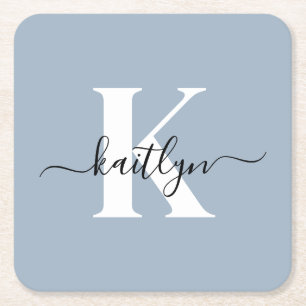 Elegant Dusty Blue Script Monogram Square Paper Coaster