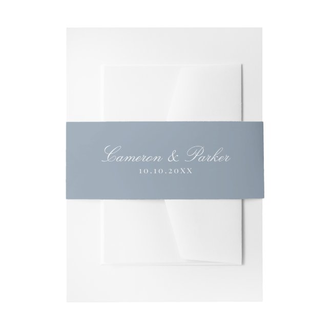 Elegant Dusty Blue Script Names Wedding Invitation Belly Band (Front Example)