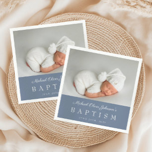 Elegant Dusty Blue Script Photo Boy Baptism Napkin