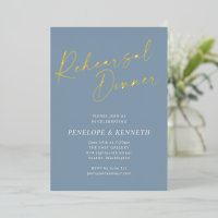 Elegant Dusty Blue Script Rehearsal Dinner Gold