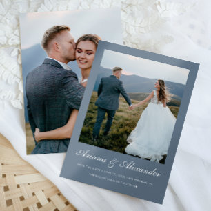 Elegant Dusty Blue Script Two Photo Wedding Save The Date