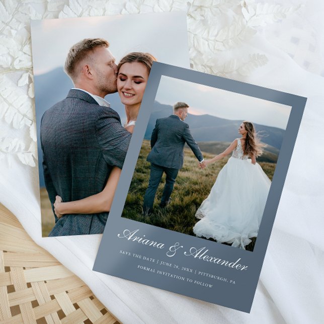 Elegant Dusty Blue Script Two Photo Wedding Save The Date (Creator Uploaded)