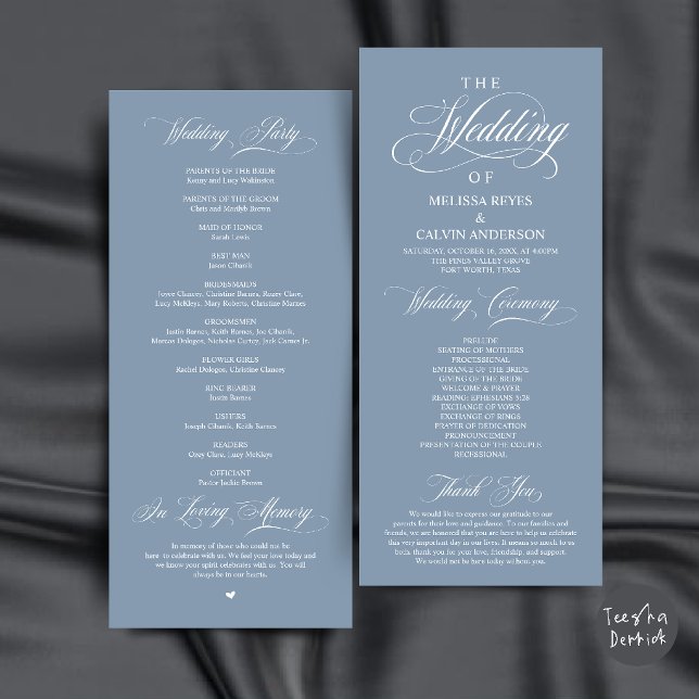 Elegant Dusty Blue Script Wedding Ceremony Programme (Elegant Dusty Blue Script Wedding Ceremony Order Program Card)