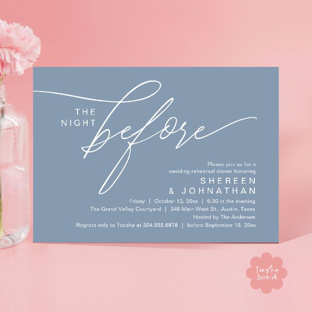 Elegant Dusty Blue Script Wedding Rehearsal Dinner Invitation (Elegant Script Wedding Rehearsal Dinner Invitation Card in Dusty Blue)