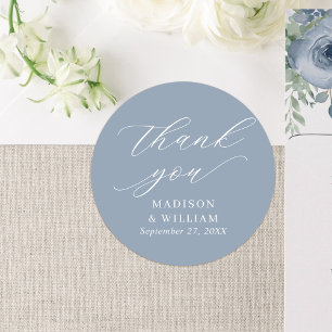 Elegant Dusty Blue Script Wedding Thank You Classic Round Sticker