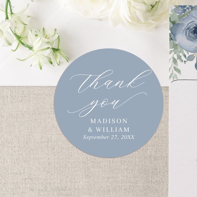 Elegant Dusty Blue Script Wedding Thank You Classic Round Sticker (Creator Uploaded)