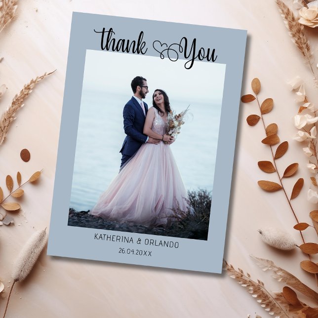 Elegant Dusty Blue Script with Heart Wedding Photo Thank You Card (Creator Uploaded)