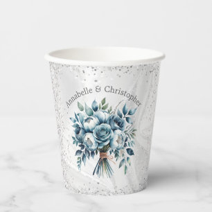 Elegant Dusty Blue Silver Bouquet Wedding Paper Cups