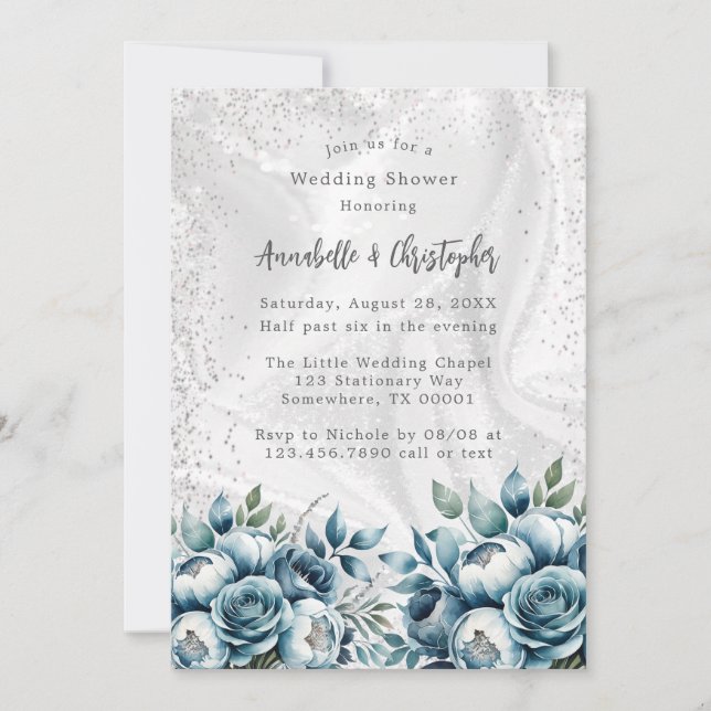 Elegant Dusty Blue Silver Bouquet Wedding Shower Invitation (Front)