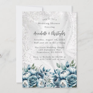 Elegant Dusty Blue Silver Bouquet Wedding Shower Invitation